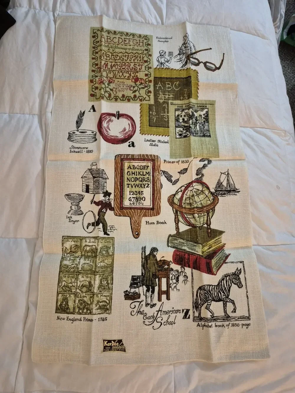 💥 Vtg Kay Dee Linen Tea Towel American School New Old Stock w/ Paper Sticker D6